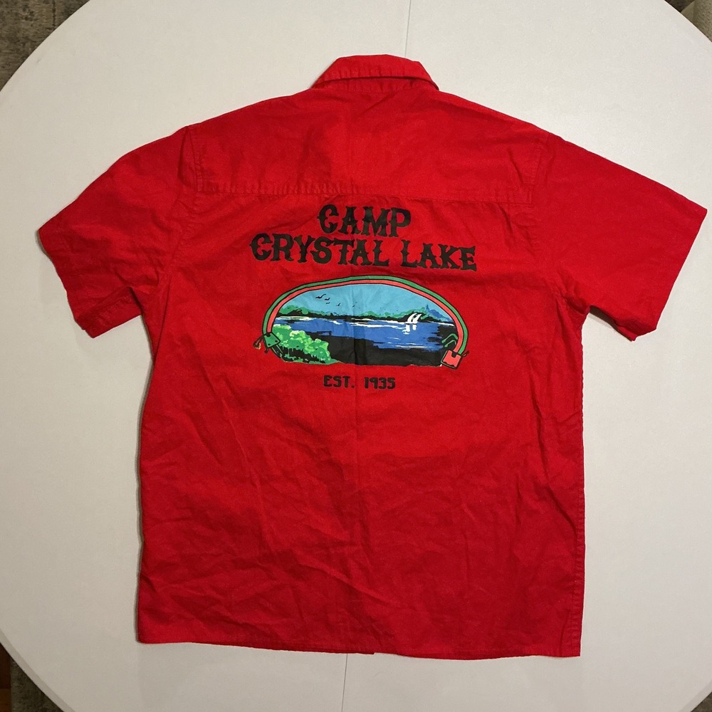 Friday the 13th Camp Crystal Lake Button Up Shirt XL Red Short Sleeve Horror